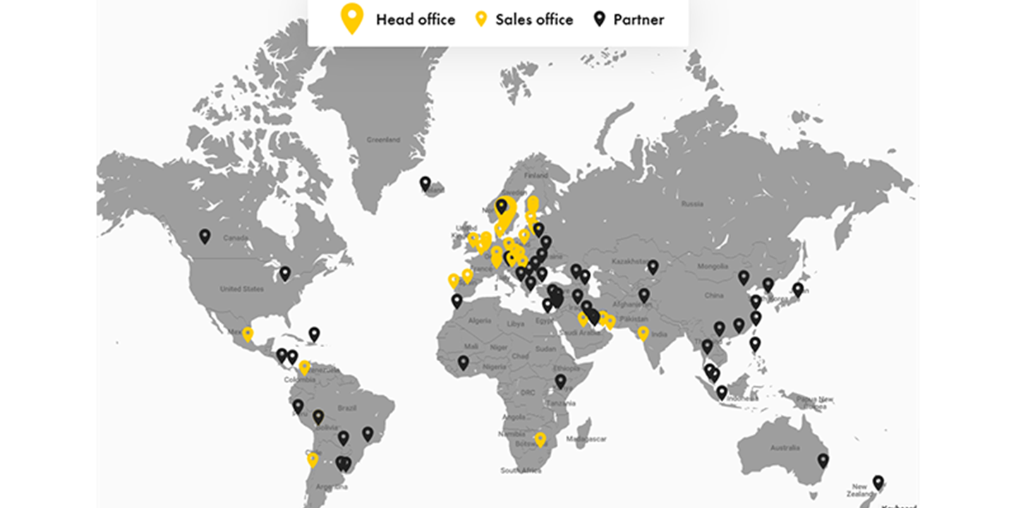 Worldmap showing Ecophon sales offices and partners