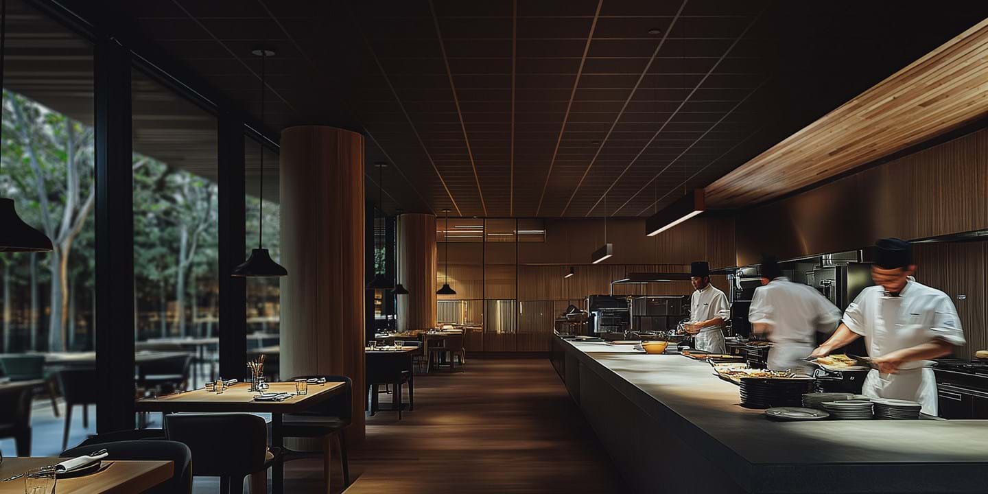 Restorāns ar atvērtu virtuvi, kurā strādā trīs šefpavāri, kas gatavo ēdienu. Restorāns ir vāji apgaismots, un tumši brūnā koka grīda un sienas un melni akustiskie griesti rada īpašu gaisotni. Kreisajā pusē klātie galdi ir izvietoti rindā gar logiem no grīdas līdz griestiem, no kuriem paveras skats uz āra terasi un kokiem fonā.