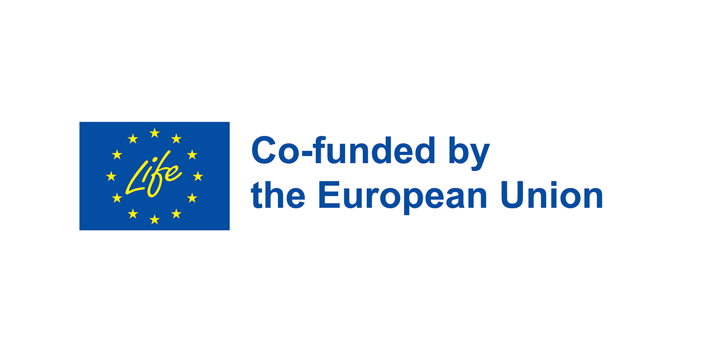 Blue rectangle with yellow stars in a circle, Life written in script inside. To the right, blue text reads: Co-funded by the European Union. Logo is on a white background.