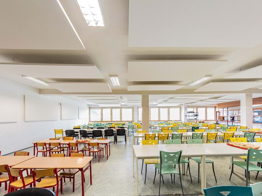 Acoustic free-hanging units and wall panels in large school canteen