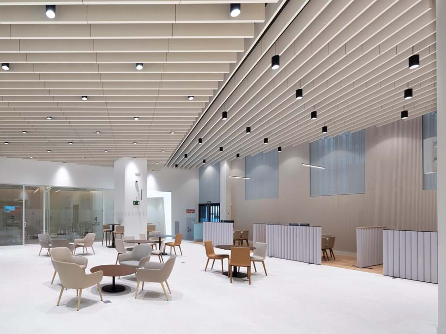 Free-hanging acoustic baffles in large room with groups of armchairs and tables