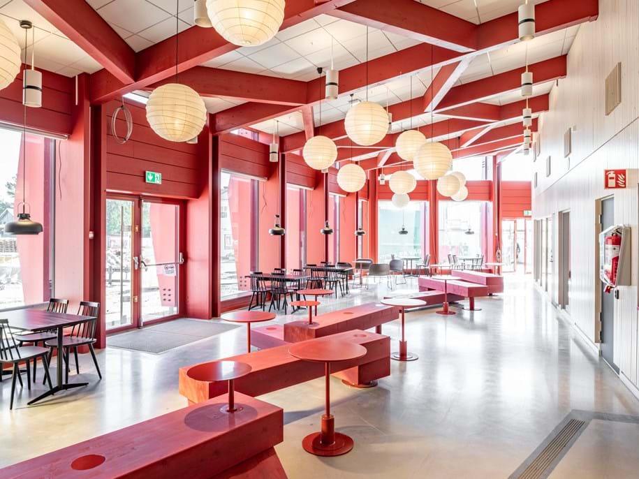 Suspended acoustic ceiling in open space seating area