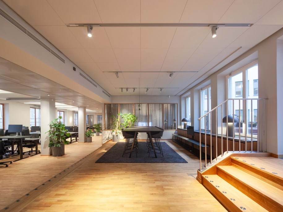 Modern open-plan office space with wooden floors and ample natural light from large windows. Includes desks with chairs, potted plants, and a central rug. Steps lead to a slightly elevated section. Neutral color palette creates a calm atmosphere.