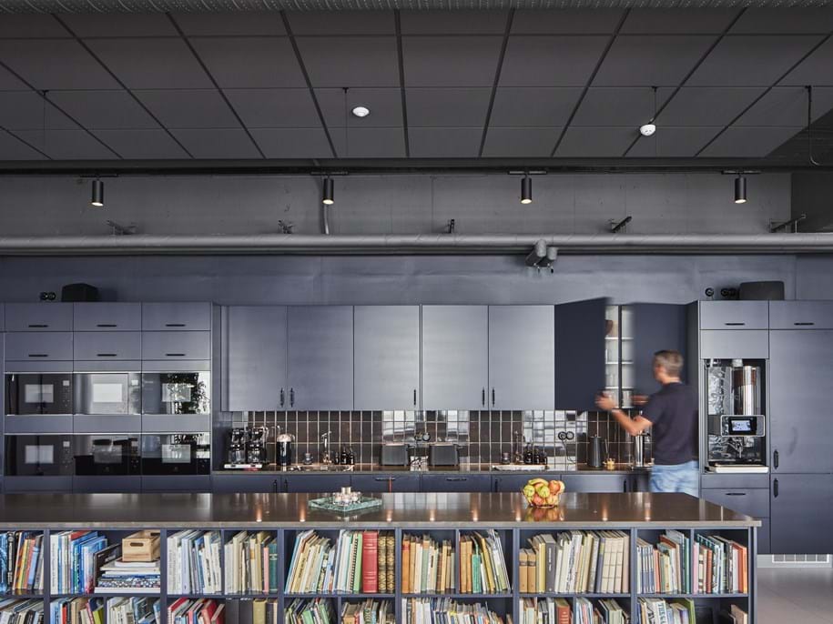 Suspended acoustic  ceiling in office kitchen area