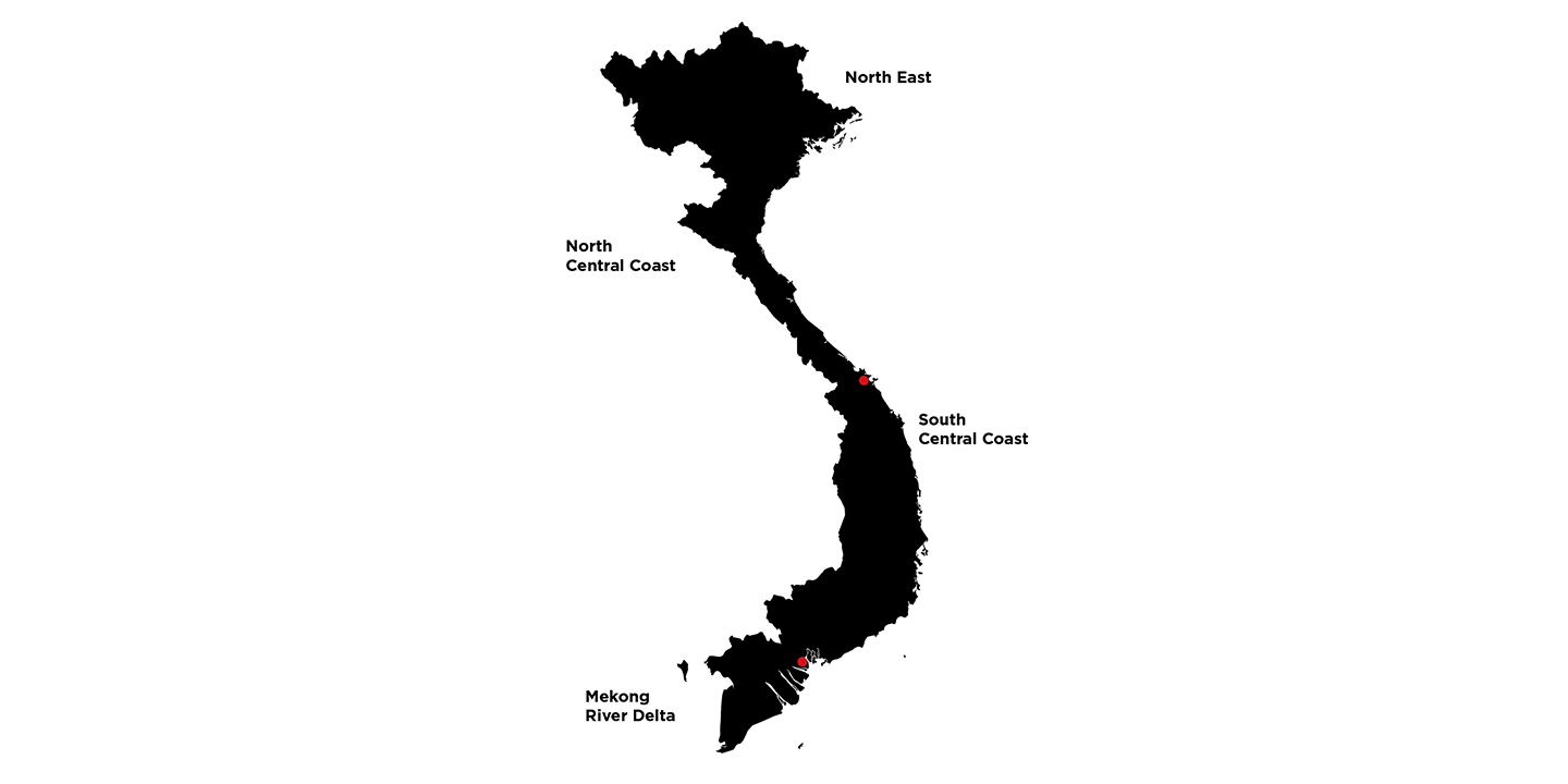 A black silhouette map of Vietnam with four regions labeled: North East, North Central Coast, South Central Coast, and Mekong River Delta. Labels are positioned near their respective locations.