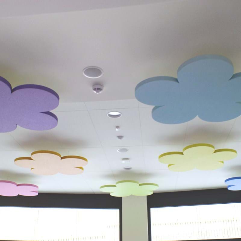 Acoustic free-hanging ceiling panels in the shape of clouds in kindergarten