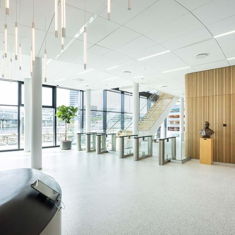 Plafond acoustique suspendu dans l'entrée d'un bureau
