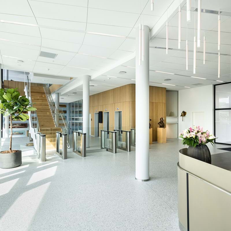 Plafond acoustique suspendu dans l'entrée d'un bureau