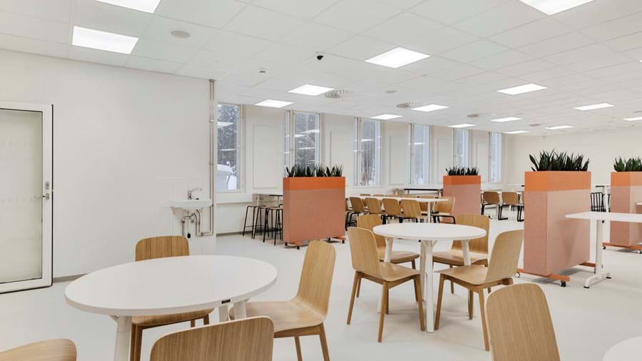 Šviesi, moderni mokyklos valgykla su medinėmis kėdėmis ir apvaliais stalais. Dideli langai yra vienoje sienoje, todėl patenka natūrali šviesa. Vazoniniai augalai dedami tarp valgomojo zonų, o kairėje matomos uždaros durys. Erdvė yra švaraus, minimalistinio dizaino.