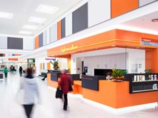 Hospital entrance with acoustic ceiling