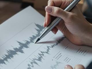 A person holds a silver pen over a printed sheet displaying wave-like graphs and data tables. The focus is on their hand and the document, suggesting analysis or note-taking.
