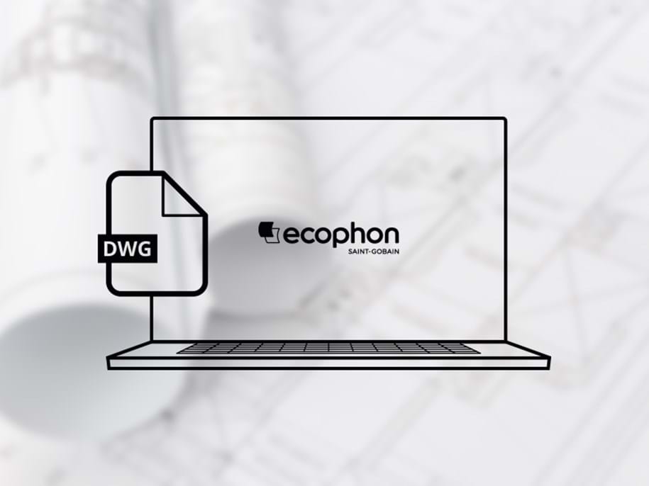 Illustration eines Laptops mit dem Ecophon Saint-Gobain-Logo und einem DWG-Dateisymbol auf dem Bildschirm. Der Hintergrund zeigt unscharfe architektonische Entwürfe und aufgerollte Papiere.