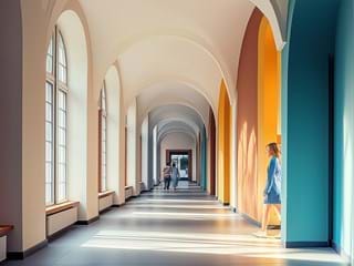 En rummelig korridor med buede lofter og en række døråbninger i højre side. Væggene er malet i skiftevis varm orange og kølige blå toner, hvilket skaber en slående kontrast. Sollyset strømmer ind gennem vinduerne til venstre og kaster lange skygger på klinkegulvet. To personer står på forskellige steder i gangen og tilføjer en følelse af skala til arkitekturen. Perspektivet leder øjet mod et forsvindingspunkt for enden af korridoren.