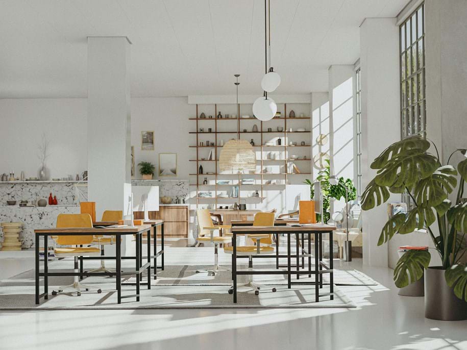 Piekaramie akustiskie griesti plašā un modernā atvērtā plānojuma birojā ar lieliem logiem, augiem un koka mēbelēm