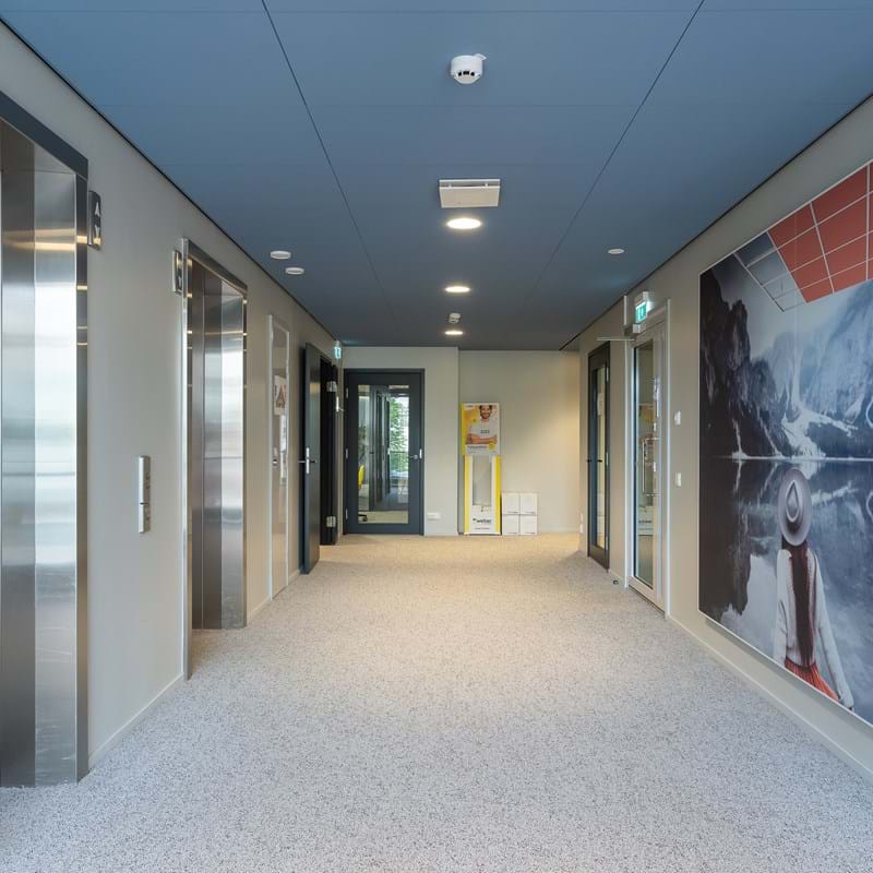 Zili, piekārtie akustiskie griesti biroja koridorā ar liftiem pa kreisi un lieliem akustiskiem sienu paneļiem ar attēlu labajā pusē