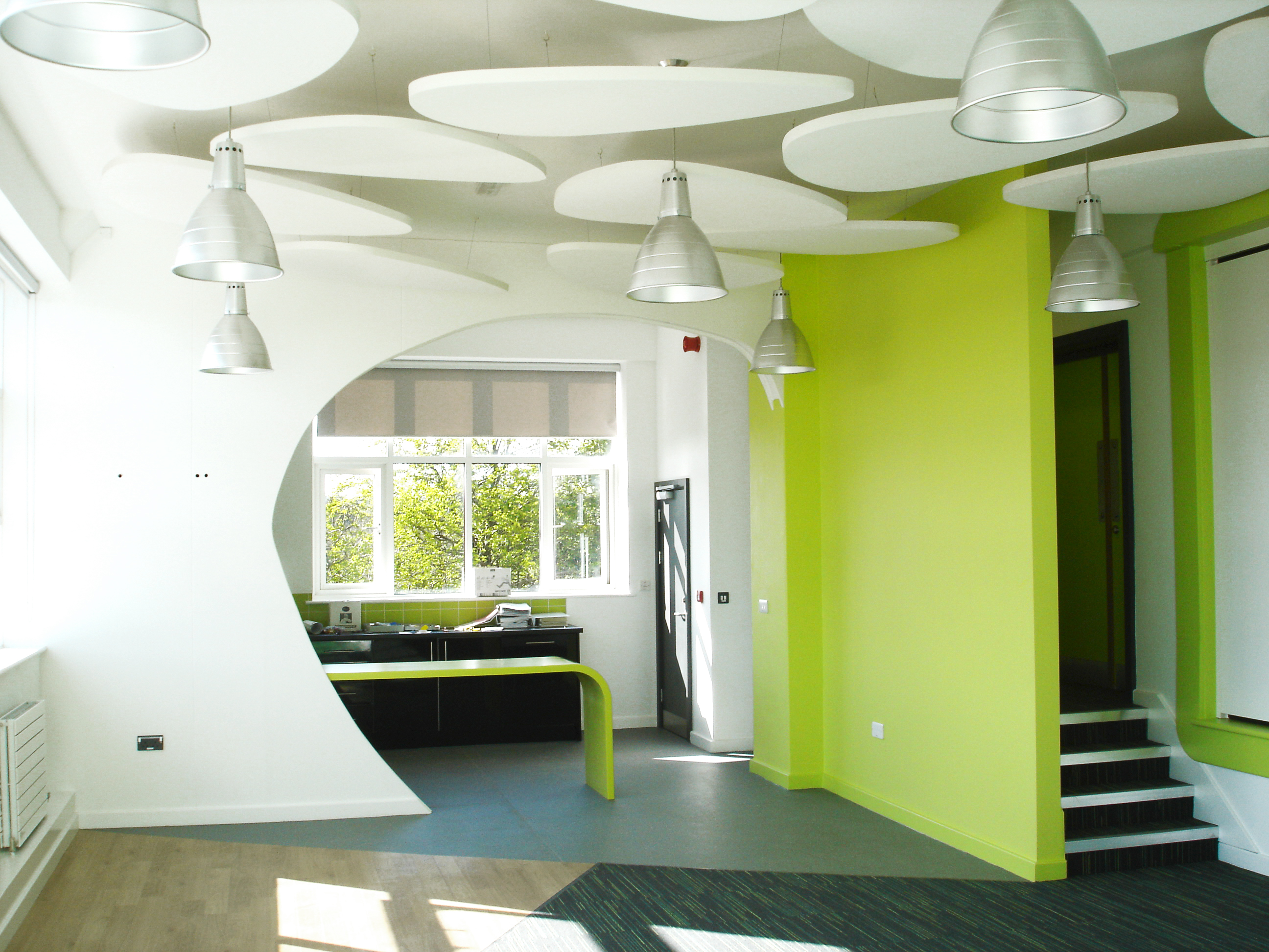 Free-hanging acoustic panels in  office