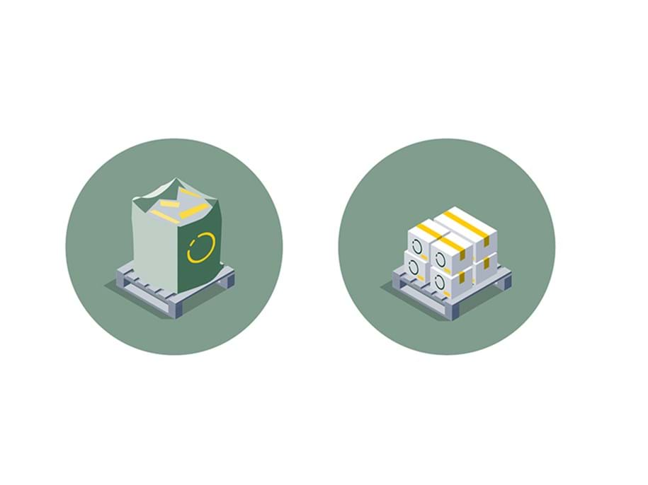 Two green circles next to each other containing illustrations. One with a big bag filled with used acoustic panels on a pallet and one with boxes on a pallet.