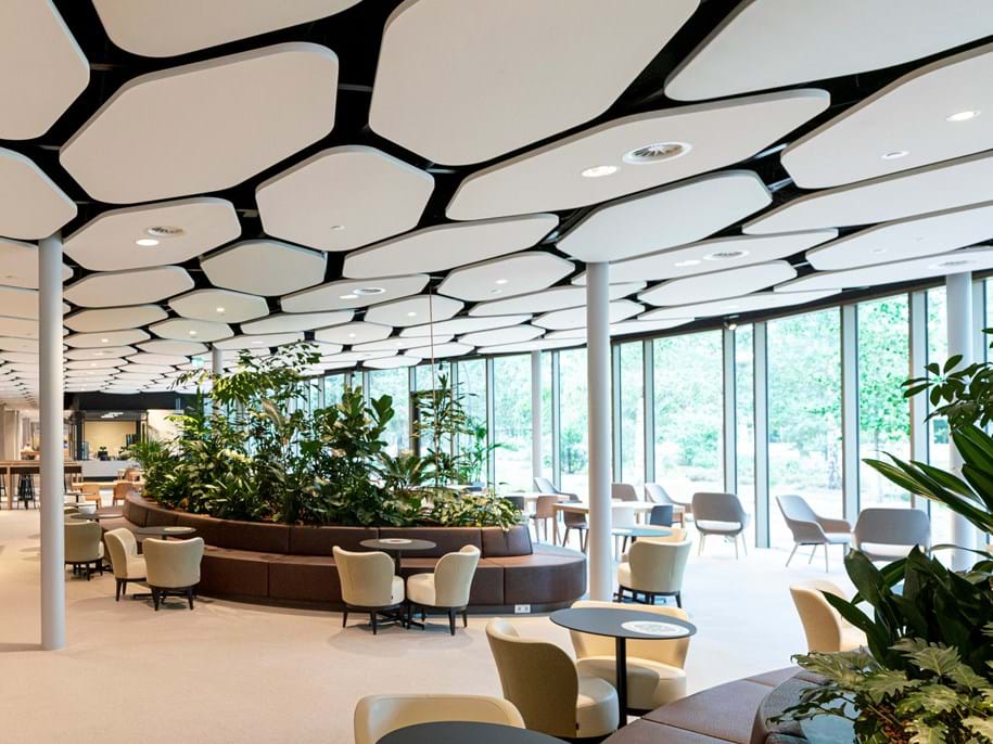 Interior of a modern building featuring an open-plan seating area with various tables and chairs. The ceiling is adorned with distinctive hexagonal acoustic panels, and a large, circular indoor garden with lush greenery is centrally located. Natural light floods the space through floor-to-ceiling windows, creating a bright and inviting atmosphere.