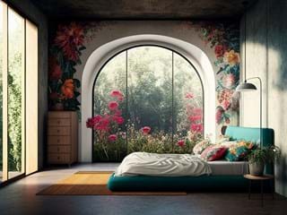 A cozy bedroom with a large arched window revealing a lush garden view. The room features a low bed with white bedding and colorful pillows, an adjacent wooden side table, and a standing lamp. The walls are adorned with floral decorations in acoustic fabric, adding to the serene ambiance created by the natural light flooding in from the outdoor greenery.
